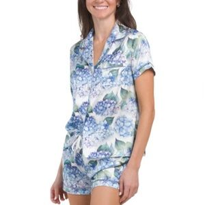 DALIA MACPHEE M Hydrangea Print Notch Collar Button Front Short Sleeve Shorts PJ